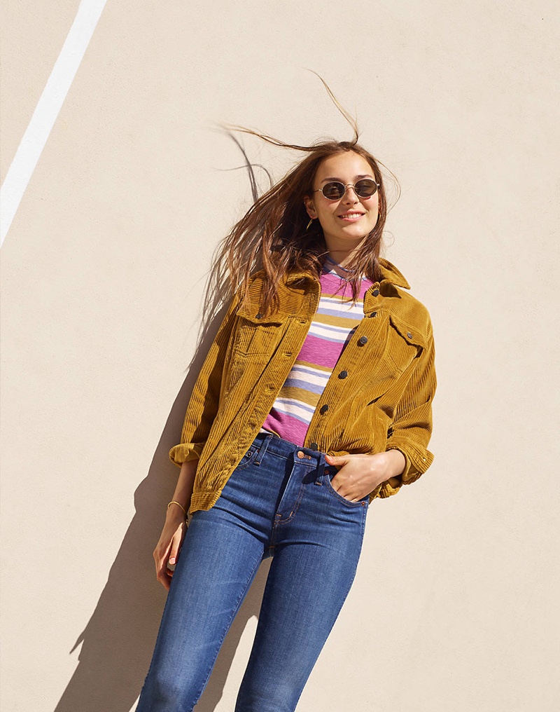 Madewell The Oversized Jean Jacket: Corduroy Edition, Mockneck Shirttail Tee in Stripe, 9" High-Rise Skinny Jean in Paloma Wash: Raw-Hem Edition and Wire-Rimmed Sunglasses