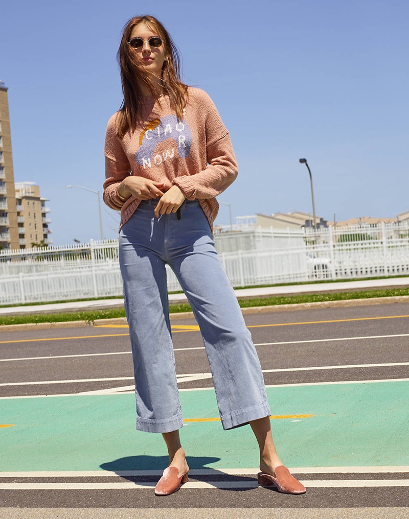 Madewell Ciao For Now Pullover Sweater, Emmett Wide-Leg Crop Pants in Velveteen, Wire-Rimmed Sunglasses and The Willa Loafer Mule in Velvet