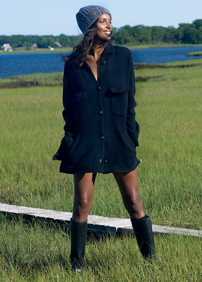 Wearing a jacket, Jasmine Tookes appears in Naked Cashmere fall 2018 campaign