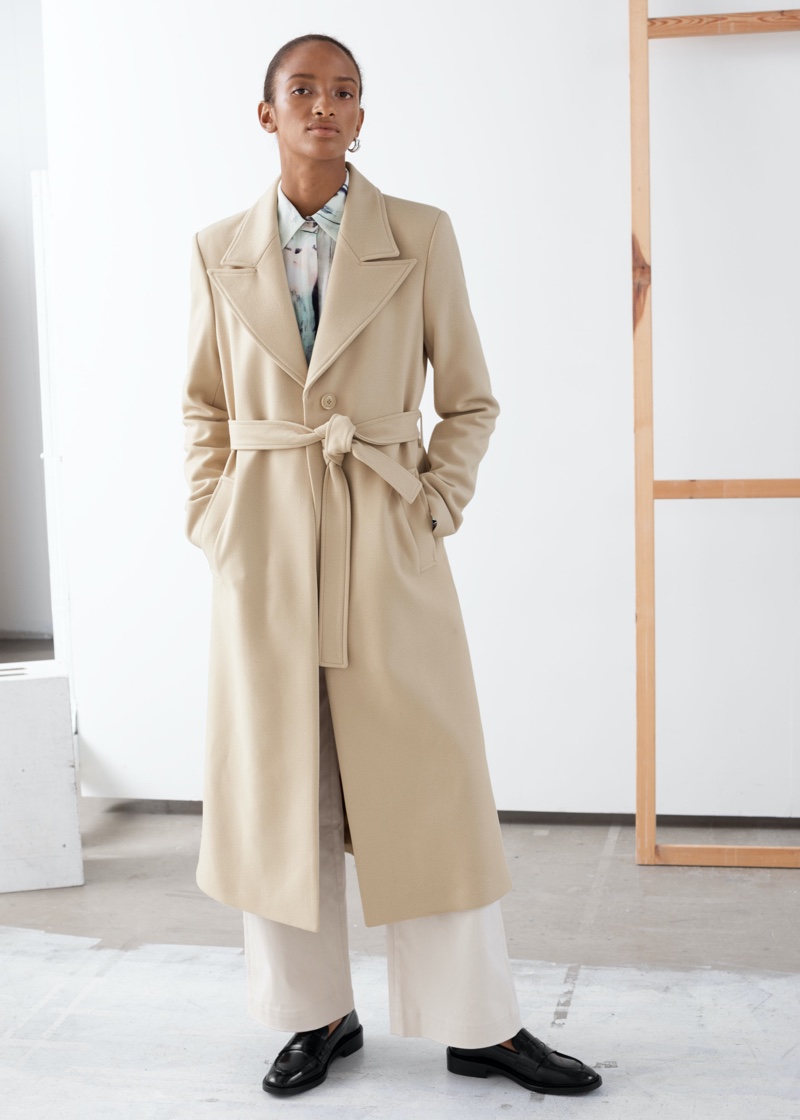 & Other Stories Belted Wool Blend Long Coat in Cream $279
