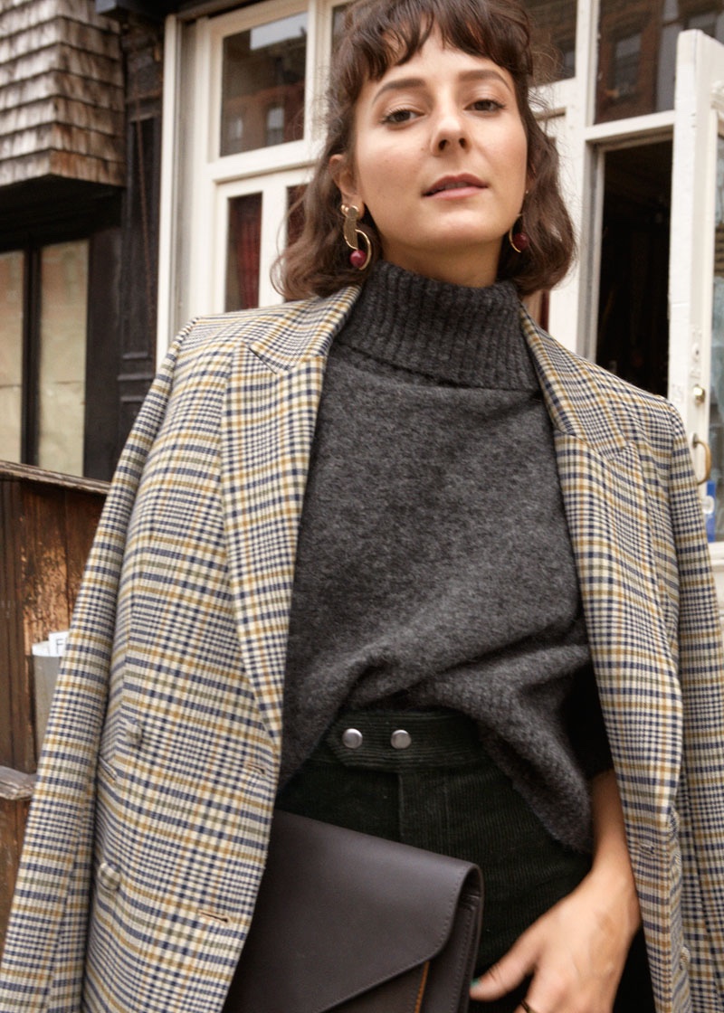 & Oversized Structured Plaid Blazer, Wool Blend Turtleneck Sweater, Duo Snap Button Corduroy Culottes and Leather Envelope Clutch