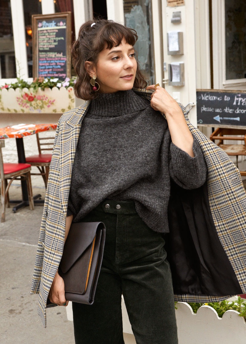 & Oversized Structured Plaid Blazer, Wool Blend Turtleneck Sweater, Duo Snap Button Corduroy Culottes and Leather Envelope Clutch