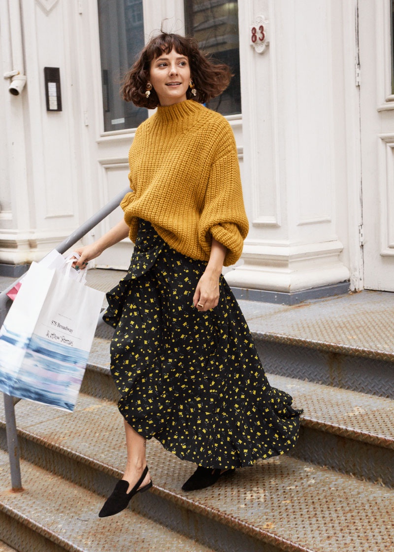 & Other Stories Chunky Knit Sweater, Ruffle Wrap Maxi Skirt and Pointed Slingback Flats