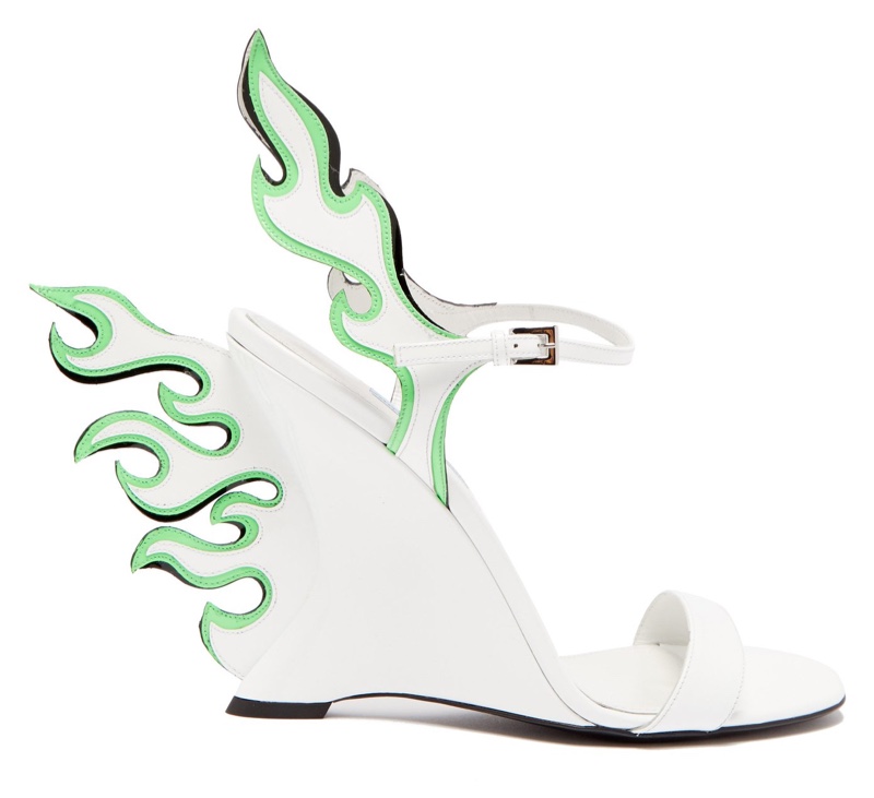 Prada Flame Patent Leather Sandals in White/Green $1,100