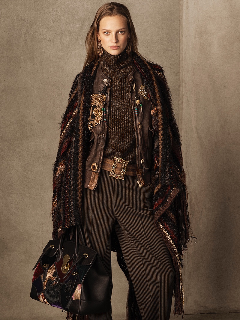 Ralph Lauren Collection Hamlin Leather Vest, Cashmere Funnelneck Sweater, Celessee Striped Wool Pant and Ornate-Buckle Leather Belt