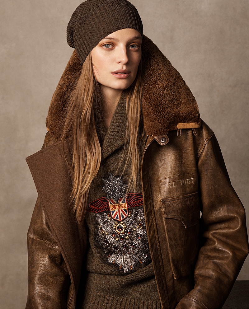 Ralph Lauren Collection Grayden Leather Coat, Embroidered Shawl Sweater and Watchman Cashmere Hat