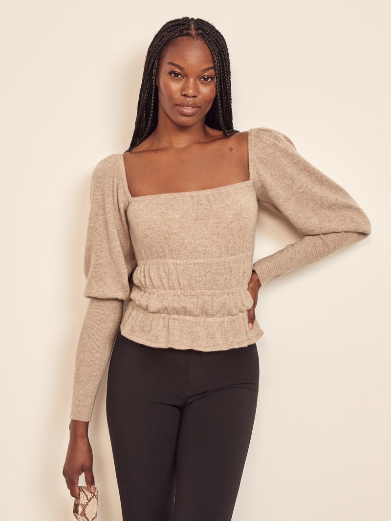Reformation Vecchio Puff Sleeve Sweater in Oatmeal $198