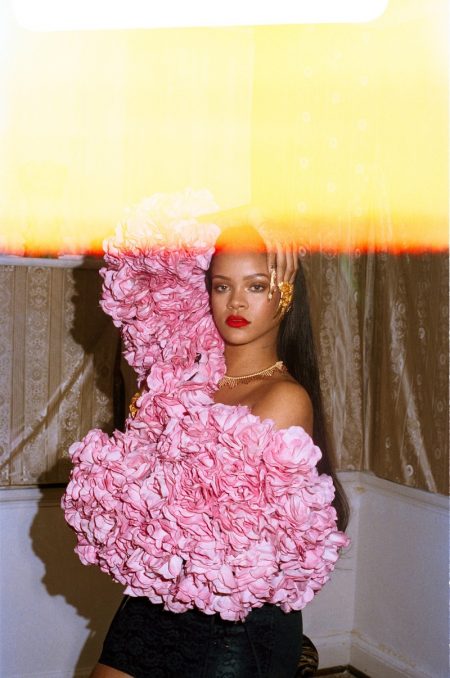 Rihanna Wears Glamorous Looks for Garage Magazine Striking a pose, Rihanna wears vintage top, Dolce & Gabbana briefs and Tiffany & Co. necklace