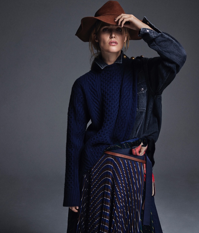 Rose Byrne poses in Sacai sweater and skirt with Sonia Rykiel gloves and hat