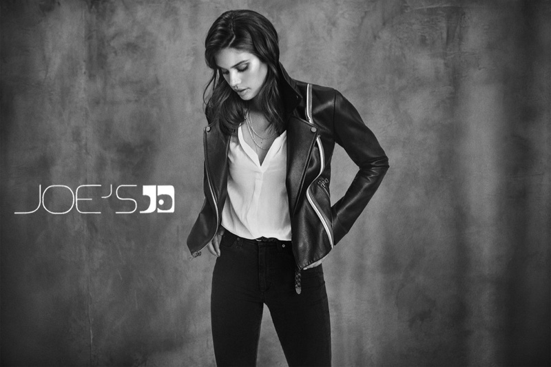 Model Sara Sampaio wears leather jacket in Joe's Jeans fall-winter 2018 campaign