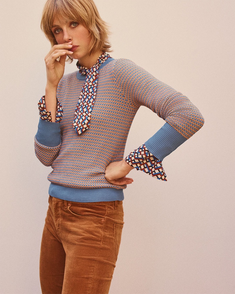 Zara Textured Weave Sweater, Geometric Printed Blouse and Flared Corduroy Pants