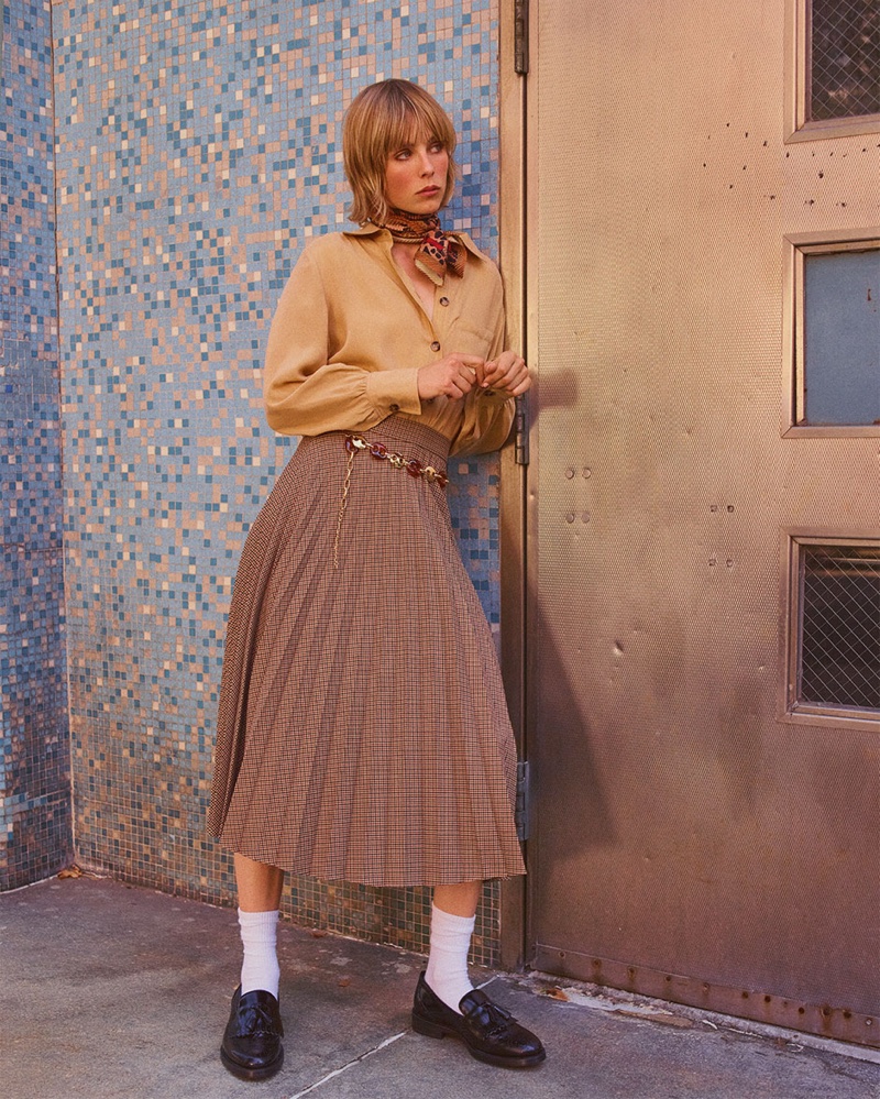 Zara Cupro Shirt, Pleated Plaid Skirt, Leopard Print Scarf, Mixed Link Belt and Leather Loafer