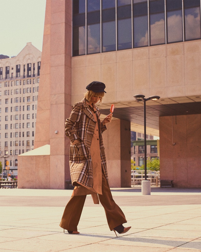 Zara Plaid Double-Breasted Trench Coat, Flared Pants, Fabric Heeled Ankle Boots and Velvet Nautical Cap