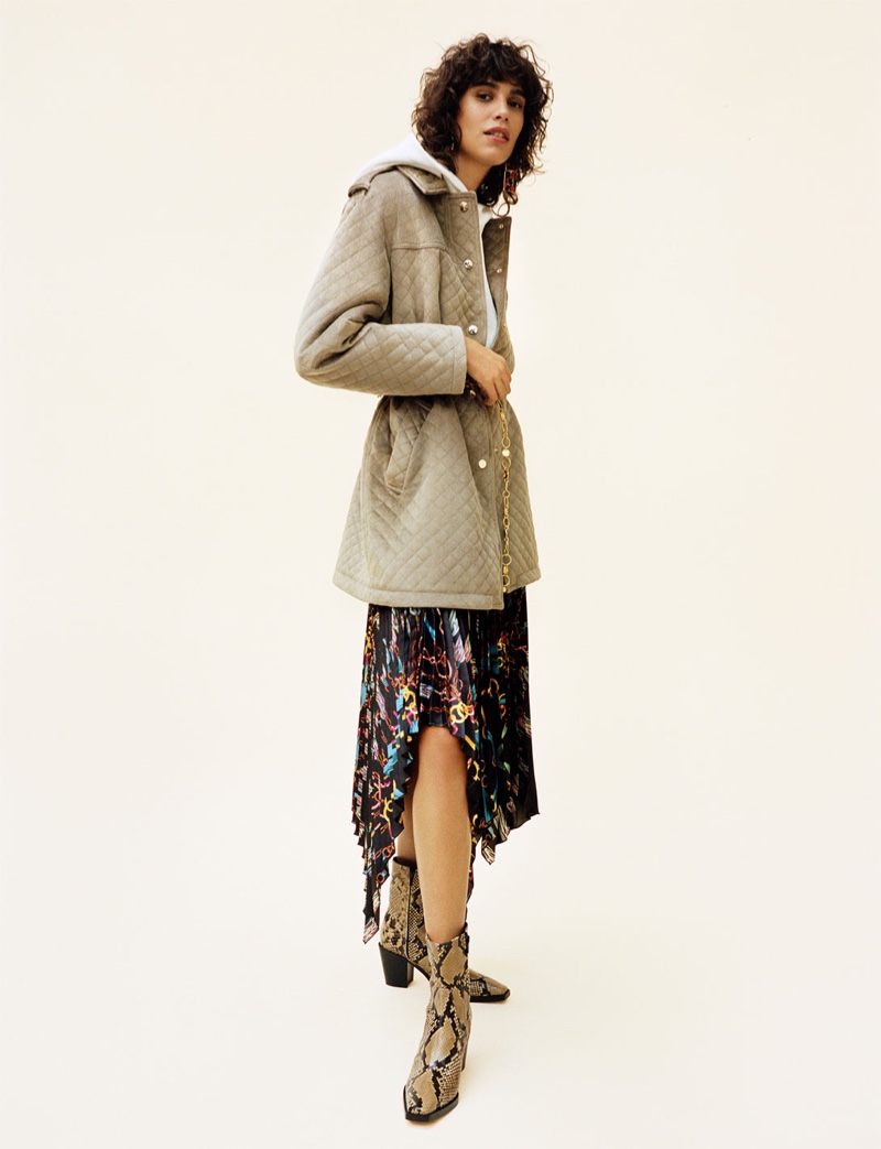 Zara Quilted Velvet Parka, Pleated Asymmetrical Skirt and Leather Heeled Ankle Boots