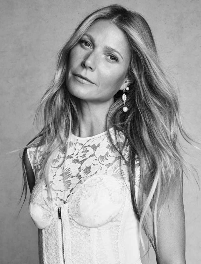 Actress Gwyneth Paltrow wears white lace Stella McCartney dress