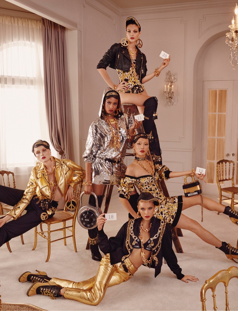 Vittoria Ceretti, Rianne Von Rompaey, Stella Maxwell, Soo Joo Park and Imaan Hammam front H&M x Moschino collection campaign