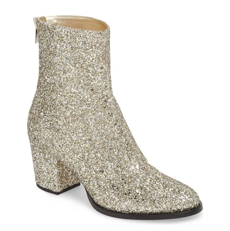 Jimmy Choo Easton Block Heel Bootie in Chai Glitter $950