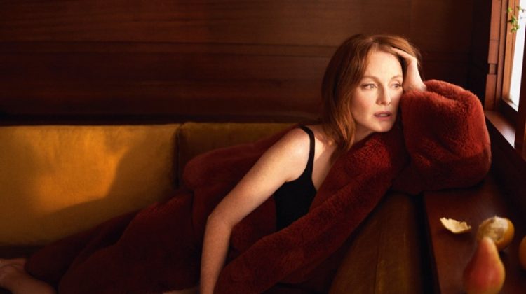 Actress Julianne Moore wears a faux fur coat