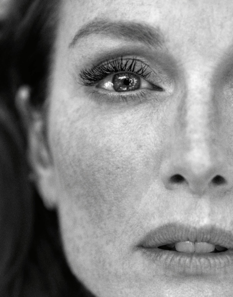 Actress Julianne Moore shows off her freckles in this black and white shot