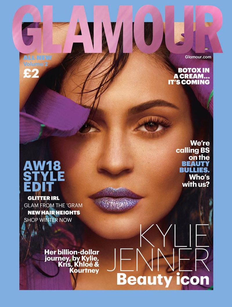 Beauty mogul Kylie Jenner wears glitter lip on Glamour UK Autumn/Winter 2018 Cover