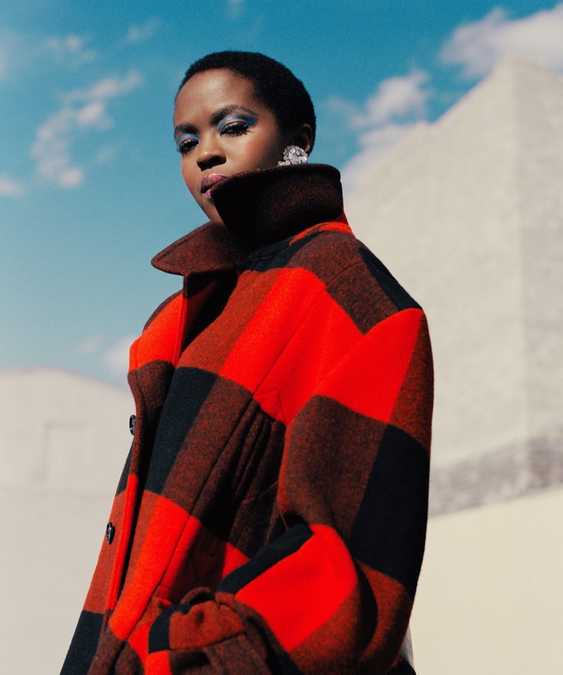 Singer Lauryn Hill poses in buffalo plaid coat for Woolrich fall-winter 2018 campaign