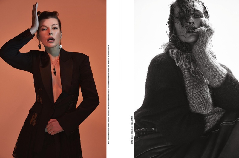 Model and actress Milla Jovovich wears dark ensembles