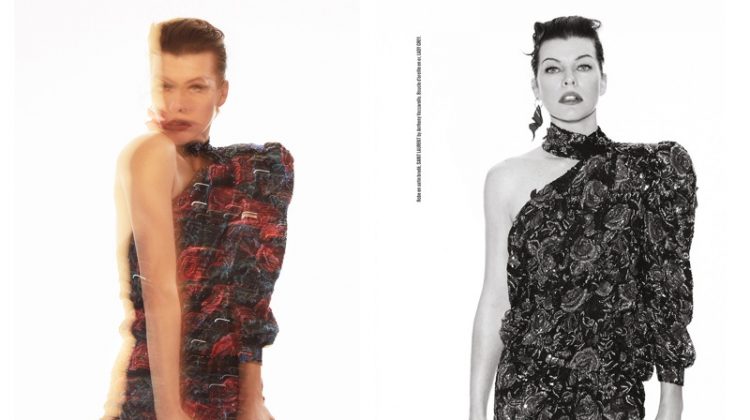 Embracing print, Milla Jovovich wears a one-shoulder Saint Laurent dress