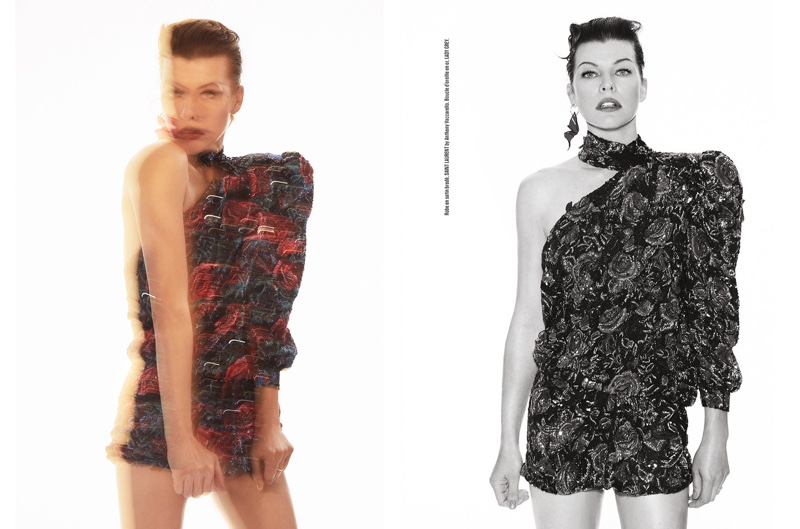 Embracing print, Milla Jovovich wears a one-shoulder Saint Laurent dress