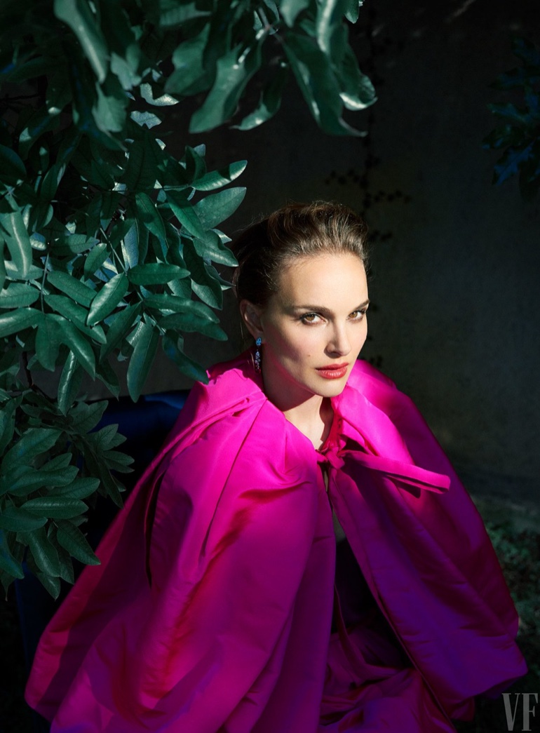 Natalie Portman poses in a pink Calvin Klein cape and skirt