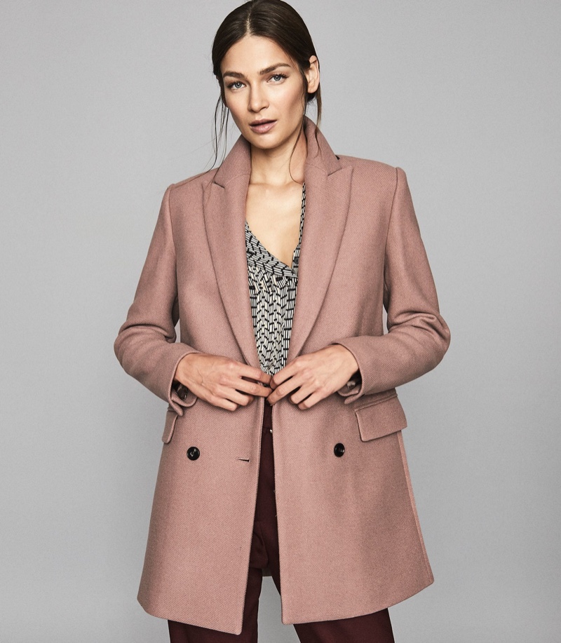 REISS Dana Double Breasted Short Wool Coat in Dusky Pink $545