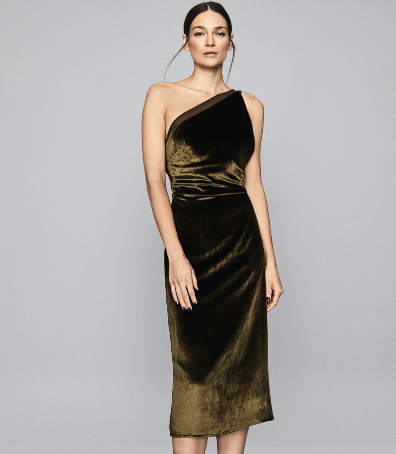 REISS Eden Velvet One Shoulder Dress in Khaki Green $495