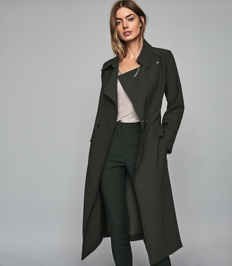 REISS Emmie Satin Longline Mac in Dark Green $545