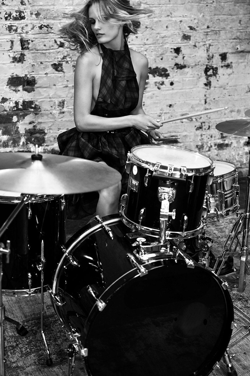 Playing drums, Edita Vilkeviciute poses for Redemption fall-winter 2018 campaign