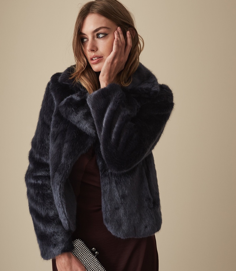 Reiss Aila Faux Fur Jacket in Navy $620
