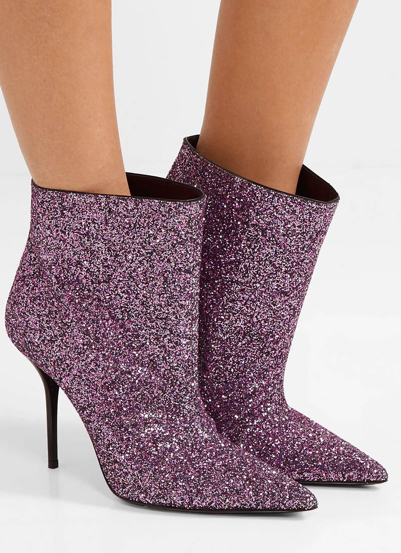 Saint Laurent Pierre Glitter Leather Ankle Boots in Purple $1,095
