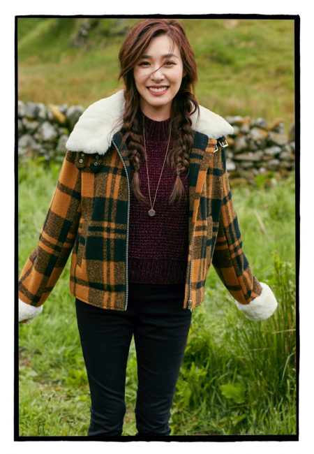 Tiffany Young Poses in H&M Divided's Fall 2018 Collection H&M Jacket with Faux Fur Collar, Rib-Knit Sweater and Slim-Fit Pants