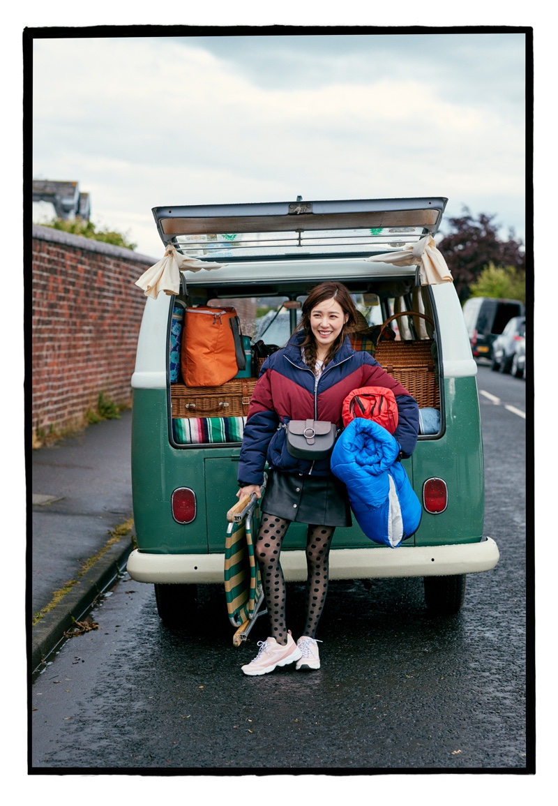 H&M Padded Jacket, A-Line Skirt, Small Shoulder Bag with Tassel and Sneakers