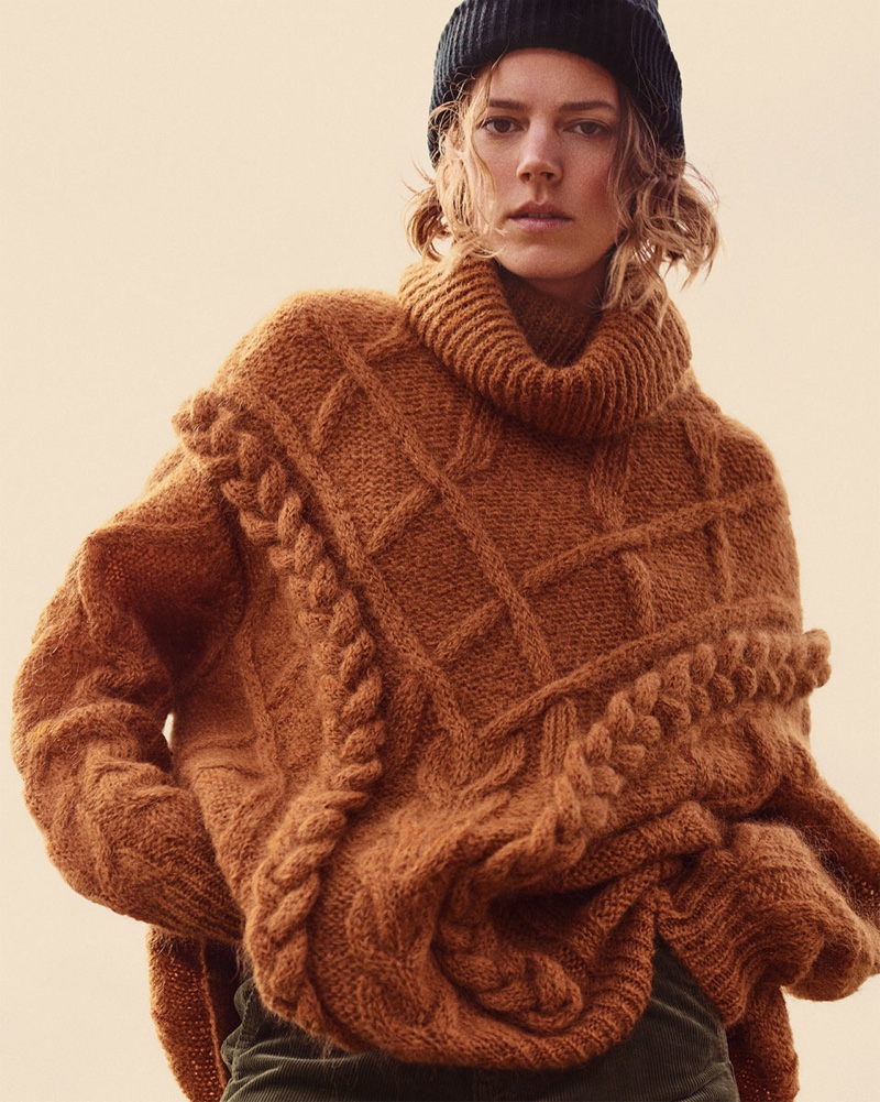 Freja Beha Erichsen models Zara Cable Knit Sweater and Basic Beanie Hat