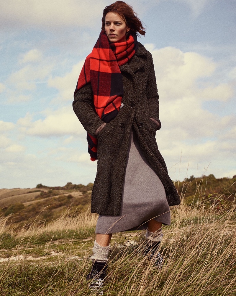 Zara Fleece Coat, Skirt, Hiking Boots and Plaid Scarf