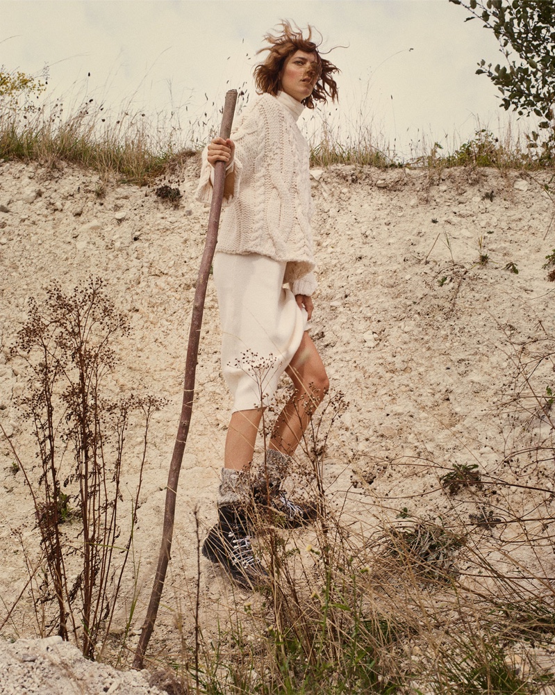 Freja Beha Erichsen models Zara Braided Cable Knit Sweater, Long Knit Dress, Soft Feel Sweater and Hiking Boots