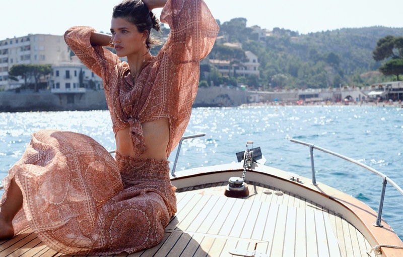Julia Van Os models Zimmermann Swim Primrose crinkle shirt and skirt for Resort 2019 campaign
