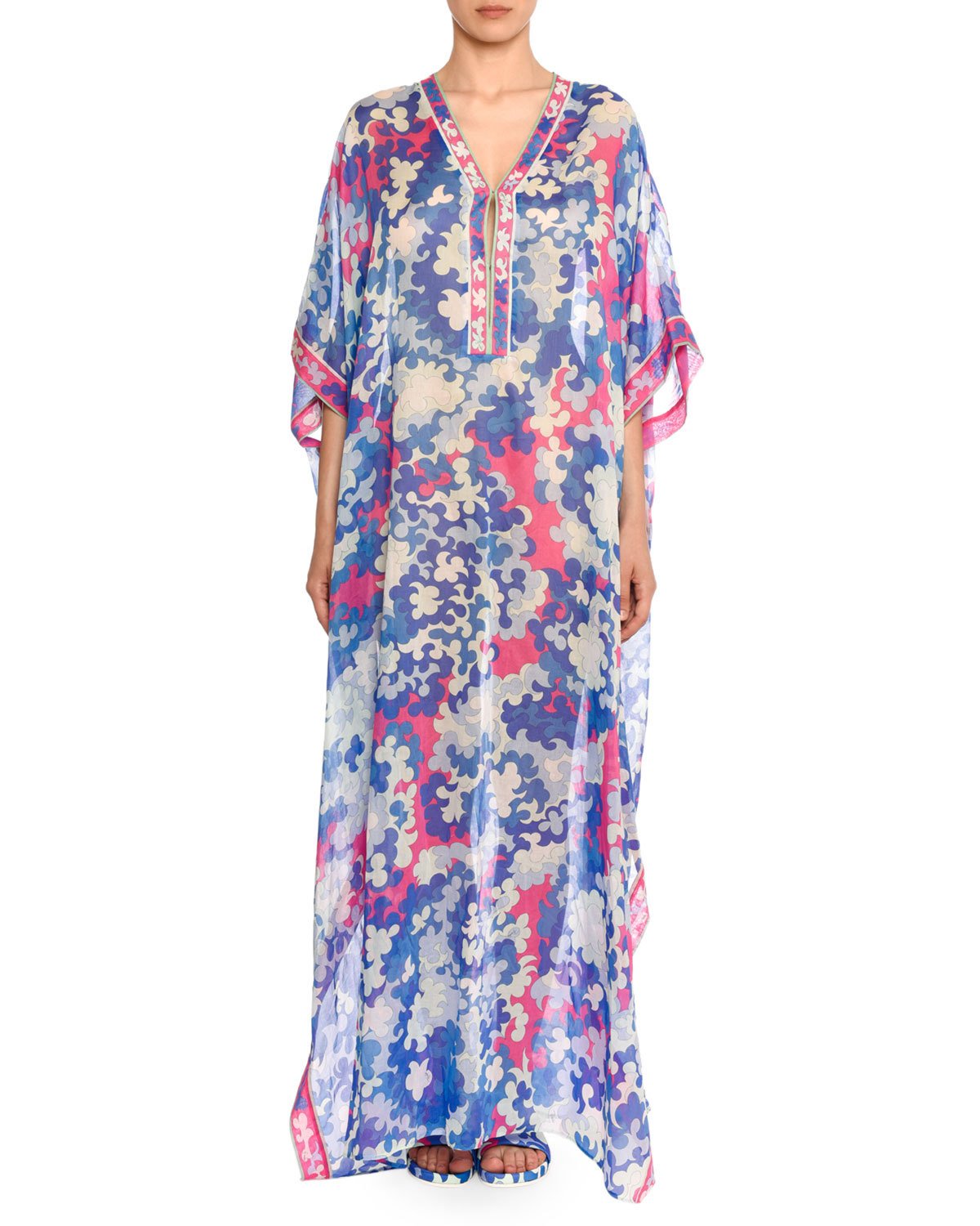 Emilio Pucci Split Neck Hydrangea Print Long Cotton Gauze Caftan $990