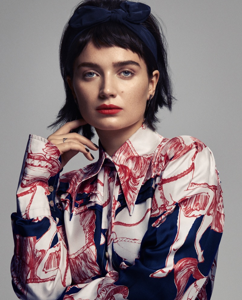 Photographed by Michael Schwartz, Eve Hewson wears Gucci shirt with Eva Fehren jewelry