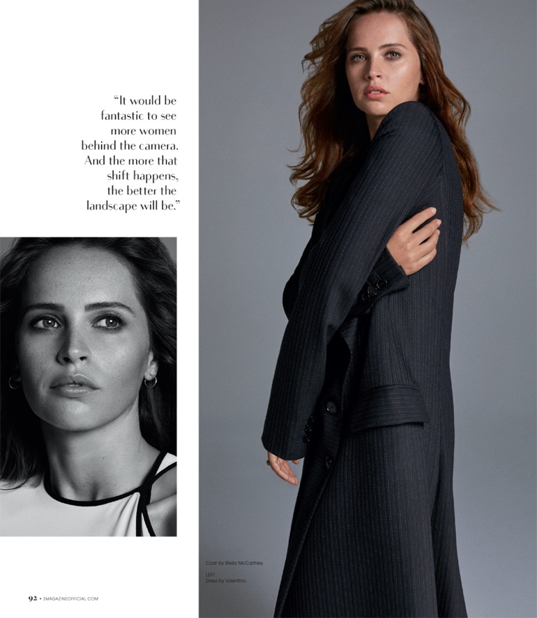 (Left) Felicity Jones wears Valentino dress (Right) Actress poses in Stella McCartney coat