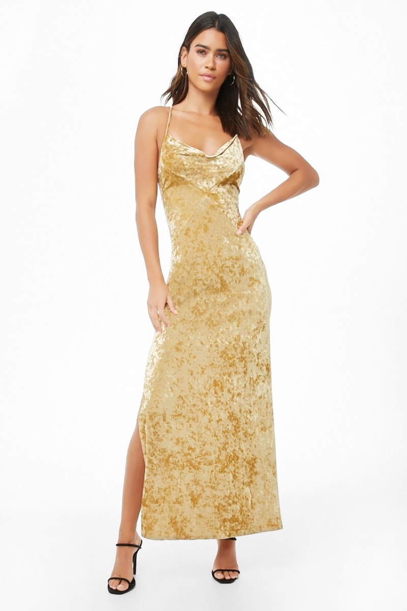 Forever 21 Crushed Velvet Lace-Up Maxi Dress in Gold $24.90