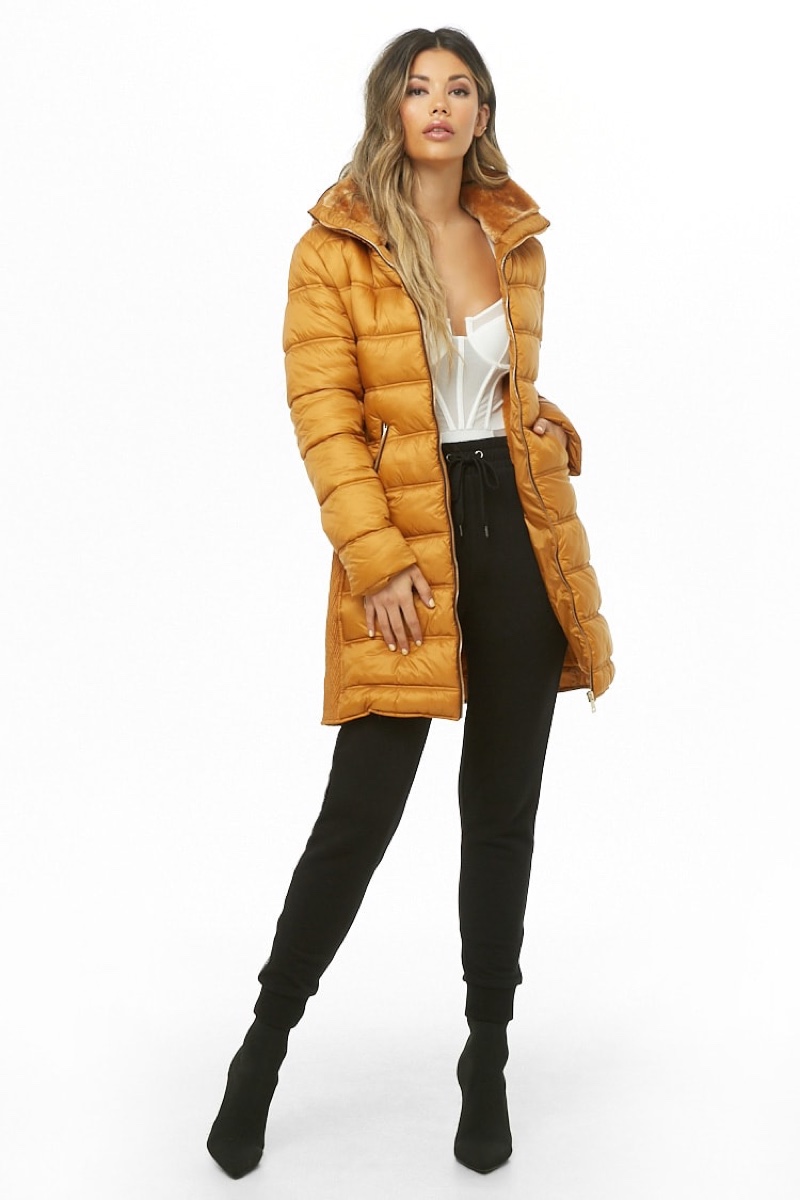 Forever 21 Hooded Puffer Jacket in Mustard $58