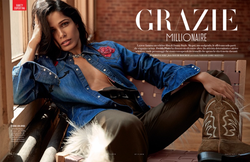 Photographed by David Roemer, Freida Pinto poses in a denim look