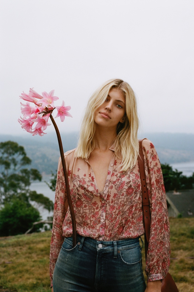 Devon Windsor wears a printed blouse in Lucky Brand Holiday 2018 campaign