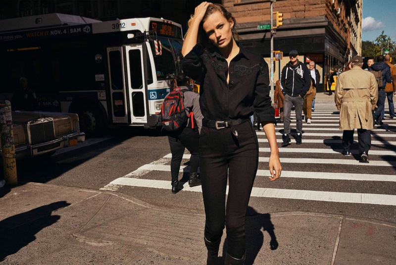 Edita Vilkeviciute poses in an all black look from Massimo Dutti
