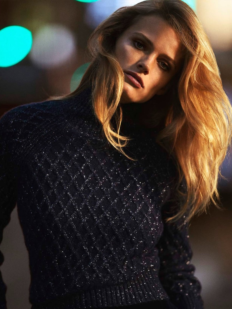 Model Edita Vilkeviciute wears glittery sweater from Massimo Dutti